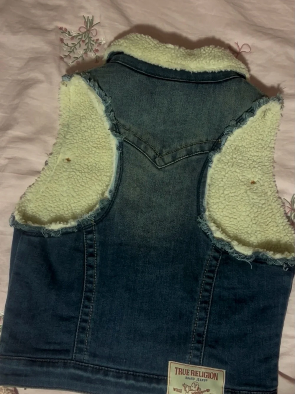 True Religion Blue Denim Vest with White Sherpa Collar